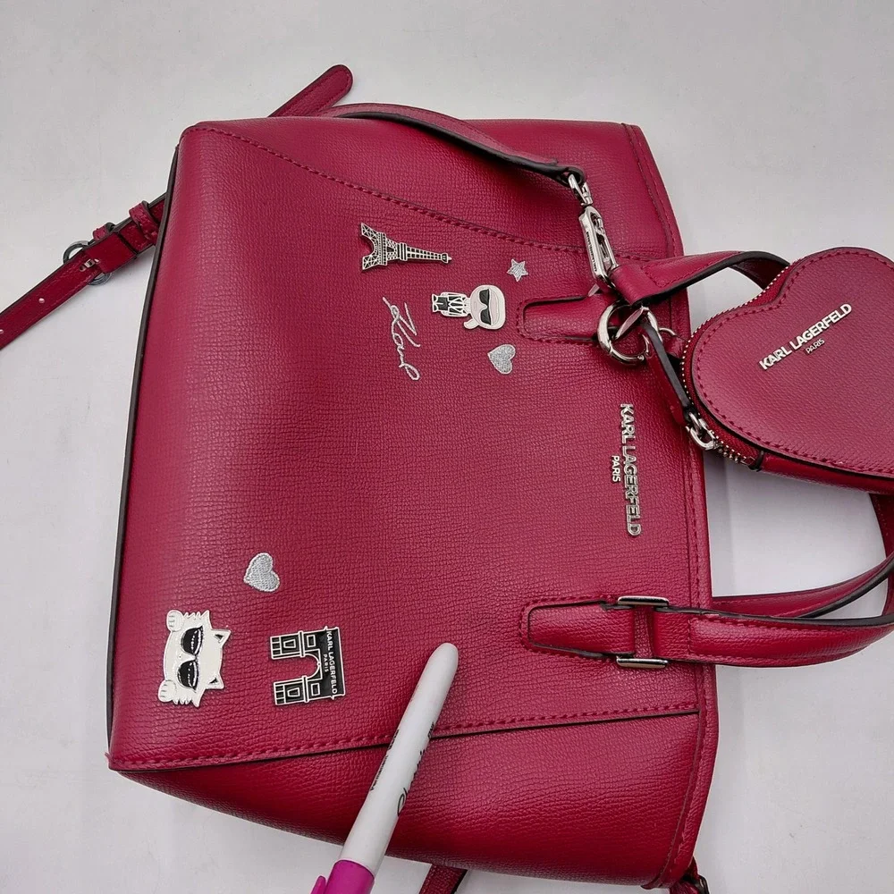 Karl Lagerfeld Paris Red Satchel Handbag Paris Charms Heart Coin Purse Crossbody